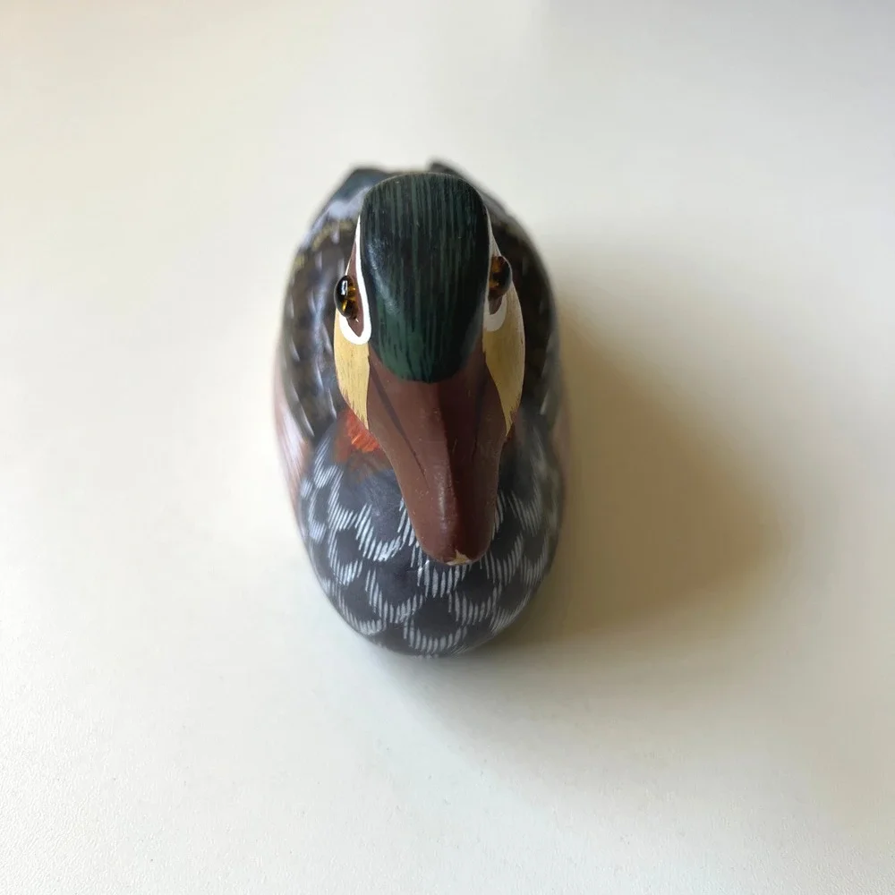 Vintage Hand Carved Wooden Duck Figurine Hand Painted Bird Rustic Cabin Decor